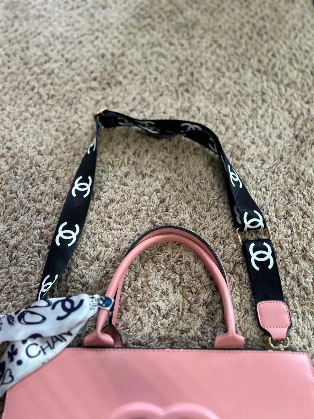 CHANEL Pink Logo Embossed Leather Tote with Printed Strap and Scarf